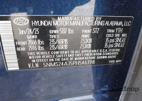 2023 Hyundai Santa Fe Sel z USA, uszkodzony, nr VIN 5NMS24AJ5PH546398